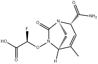 Acetic acid, 2-[[(1R,2S,5R)-2-(aminocarbonyl)-4-methyl-7-oxo-1,6-diazabicyclo[3.2.1]oct-3-en-6-yl]oxy]-2-fluoro-, (2R)- Struktur