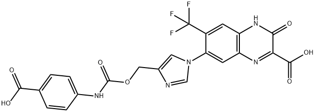 2-Quinoxalinecarboxylic acid, 7-[4-[[[[(4-carboxyphenyl)amino]carbonyl]oxy]methyl]-1H-imidazol-1-yl]-3,4-dihydro-3-oxo-6-(trifluoromethyl)- Structure