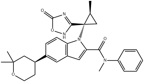 1H-INDOLE-2-CARBOXAMIDE, 1-[(1S,2S)-1-(2,5-DIHYDRO-5-OXO-1,2,4-OXADIAZOL-3-YL)-2-METHYLCYCLOPROPYL]-N-METHYL-N-PHENYL-5-[(4S)-TETRAHYDRO-2,2-DIMETHYL-2H-PYRAN-4, 2212021-82-2, 结构式