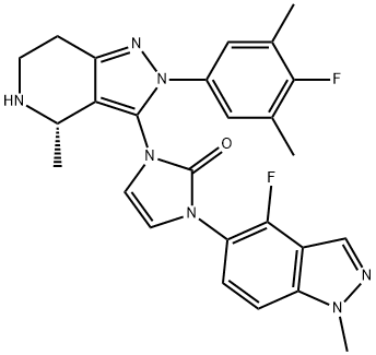 2H-Imidazol-2-one, 1-[(4S)-2-(4-fluoro-3,5-dimethylphenyl)-4,5,6,7-tetrahydro-4-methyl-2H-pyrazolo[4,3-c]pyridin-3-yl]-3-(4-fluoro-1-methyl-1H-indazol-5-yl)-1,3-dihydro- Structure