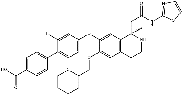 [1,1'-Biphenyl]-4-carboxylic acid, 2'-fluoro-4'-[[(1R)-1,2,3,4-tetrahydro-1-methyl-1-[2-oxo-2-(2-thiazolylamino)ethyl]-6-[(tetrahydro-2H-pyran-2-yl)methoxy]-7-isoquinolinyl]oxy]-,2215931-60-3,结构式