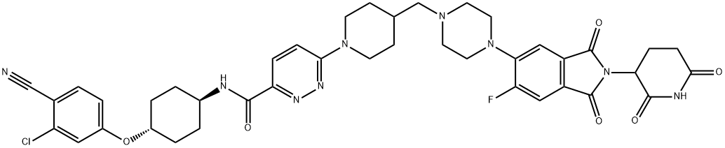 N-[4-(3-クロロ-4-シアノフェノキシ)シクロヘキシル]-6-[4-({4-[2-(2,6-ジオキソピペリジン-3-イル)-6-フルオロ-1,3-ジオキソイソインドール-5-イル]ピペラジン-1-イル}メチル)ピペリジン-1-イル]ピリダジン-3-カルボキサミド 化学構造式