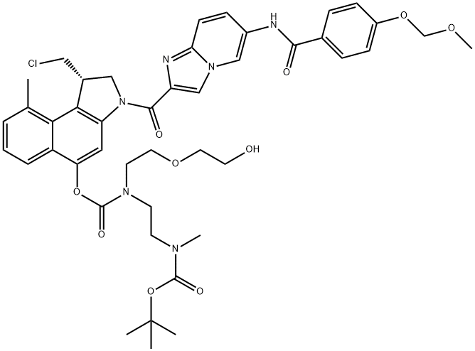 Carbamic acid, N-[2-[[[[(1S)-1-(chloromethyl)-2,3-dihydro-3-[[6-[[4-(methoxymethoxy)benzoyl]amino]imidazo[1,2-a]pyridin-2-yl]carbonyl]-9-methyl-1H-benz[e]indol-5-yl]oxy]carbonyl][2-(2-hydroxyethoxy)ethyl]amino]ethyl]-N-methyl-, 1,1-dimethylethyl ester Struktur