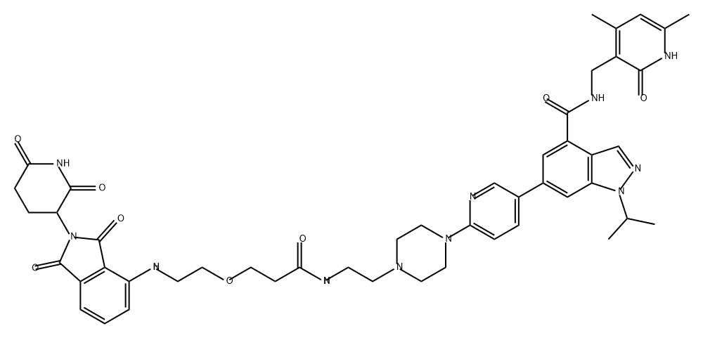 1H-Indazole-4-carboxamide, N-[(1,2-dihydro-4,6-dimethyl-2-oxo-3-pyridinyl)methyl]-6-[6-[4-[2-[[3-[2-[[2-(2,6-dioxo-3-piperidinyl)-2,3-dihydro-1,3-dioxo-1H-isoindol-4-yl]amino]ethoxy]-1-oxopropyl]amino]ethyl]-1-piperazinyl]-3-pyridinyl]-1-(1-methylethyl)- Struktur