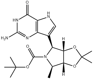 5H-1,3-Dioxolo4,5-cpyrrole-5-carboxylic acid, 4-(2-amino-4,5-dihydro-4-oxo-1H-pyrrolo3,2-dpyrimidin-7-yl)tetrahydro-2,2,6-trimethyl-, 1,1-dimethylethyl ester, (3aS,4S,6R,6aR)- 化学構造式
