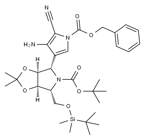 5H-1,3-Dioxolo4,5-cpyrrole-5-carboxylic acid, 4-4-amino-5-cyano-1-(phenylmethoxy)carbonyl-1H-pyrrol-3-yl-6-(1,1-dimethylethyl)dimethylsilyloxymethyltetrahydro-2,2-dimethyl-, 1,1-dimethylethyl ester, (3aS,4S,6R,6aR)- Struktur