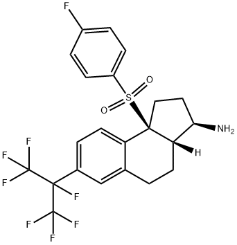 (3R,3aS,9bS)-9b-((4-Fluorophenyl)sulfonyl)-7-(perfluoropropan-2-yl)-2,3,3a,4,5,9b-hexahydro-1H-cyclopenta[a]naphthalen-3-amine Struktur