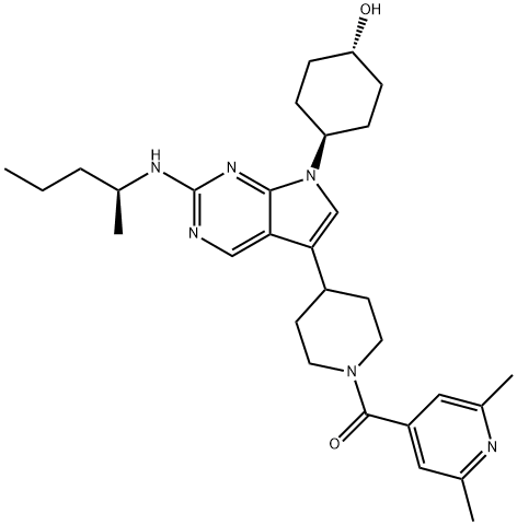 Methanone, (2,6-dimethyl-4-pyridinyl)[4-[7-(trans-4-hydroxycyclohexyl)-2-[[(1S)-1-methylbutyl]amino]-7H-pyrrolo[2,3-d]pyrimidin-5-yl]-1-piperidinyl]- Struktur