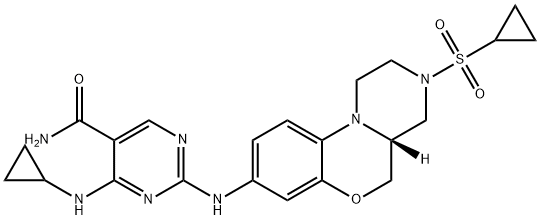 5-Pyrimidinecarboxamide, 4-(cyclopropylamino)-2-[[(4aR)-3-(cyclopropylsulfonyl)-1,2,3,4,4a,5-hexahydropyrazino[2,1-c][1,4]benzoxazin-8-yl]amino]- Struktur