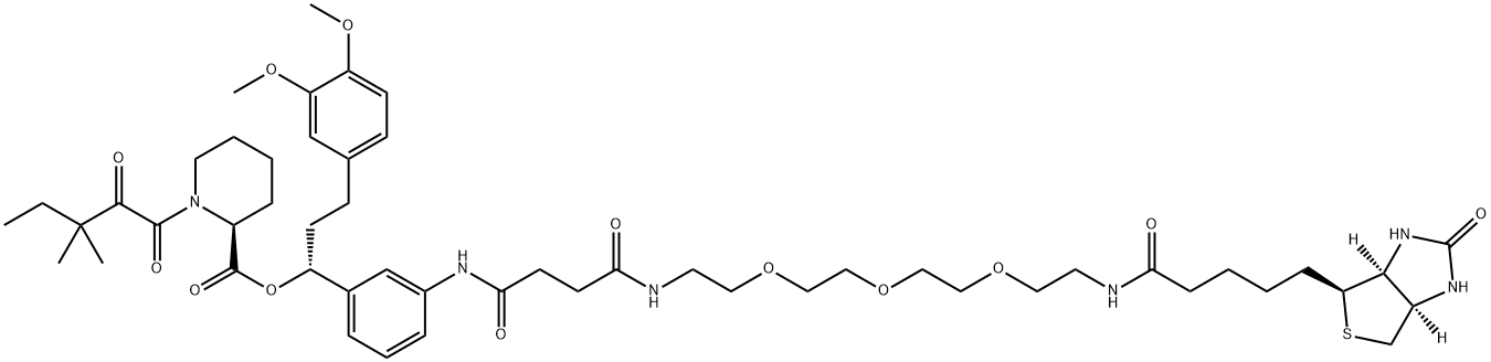 2-Piperidinecarboxylic acid, 1-(3,3-dimethyl-1,2-dioxopentyl)-, (1R)-3-(3,4-dimethoxyphenyl)-1-[3-[[22-[(3aS,4S,6aR)-hexahydro-2-oxo-1H-thieno[3,4-d]imidazol-4-yl]-1,4,18-trioxo-8,11,14-trioxa-5,17-diazadocos-1-yl]amino]phenyl]propyl ester, (2S)- Structure
