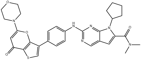 7H-Pyrrolo[2,3-d]pyrimidine-6-carboxamide, 7-cyclopentyl-N,N-dimethyl-2-[[4-[5-(4-morpholinyl)-7-oxo-7H-thieno[3,2-b]pyran-3-yl]phenyl]amino]- Structure