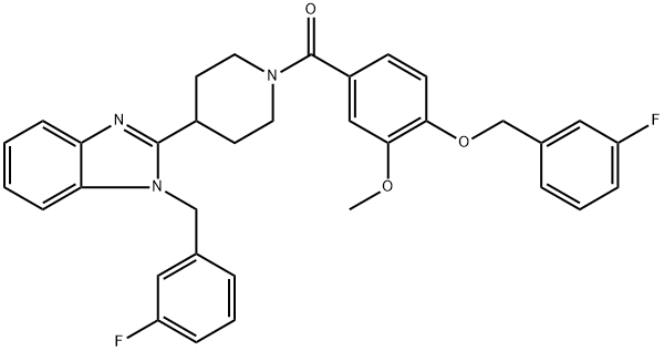 Methanone, [4-[(3-fluorophenyl)methoxy]-3-methoxyphenyl][4-[1-[(3-fluorophenyl)methyl]-1H-benzimidazol-2-yl]-1-piperidinyl]- Structure