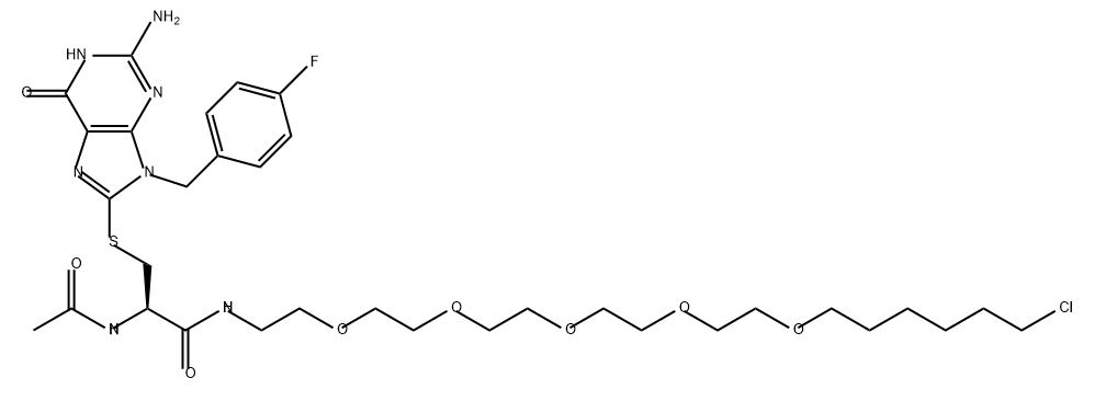Propanamide, 2-(acetylamino)-3-[[2-amino-9-[(4-fluorophenyl)methyl]-6,9-dihydro-6-oxo-1H-purin-8-yl]thio]-N-(21-chloro-3,6,9,12,15-pentaoxaheneicos-1-yl)-, (2R)- Struktur