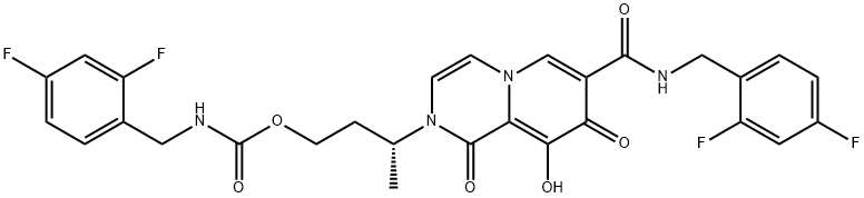 Carbamic acid, N-?[(2,?4-?difluorophenyl)?methyl]?-?, (3R)?-?3-?[7-?[[[(2,?4-?difluorophenyl)?methyl]?amino]?carbonyl]?-?1,?8-?dihydro-?9-?hydroxy-?1,?8-?dioxo-?2H-?pyrido[1,?2-?a]?pyrazin-?2-?yl]?butyl ester 化学構造式
