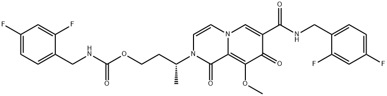 Carbamic acid, N-[(2,4-difluorophenyl)methyl]-, (3R)-3-[7-[[[(2,4-difluorophenyl)methyl]amino]carbonyl]-1,8-dihydro-9-methoxy-1,8-dioxo-2H-pyrido[1,2-a]pyrazin-2-yl]butyl ester 化学構造式