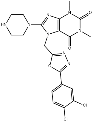 1H-Purine-2,6-dione, 7-[[5-(3,4-dichlorophenyl)-1,3,4-oxadiazol-2-yl]methyl]-3,7-dihydro-1,3-dimethyl-8-(1-piperazinyl)- Struktur