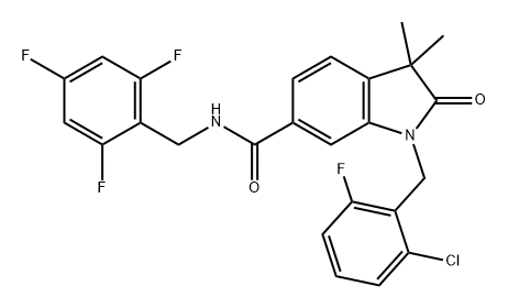 1H-Indole-6-carboxamide, 1-[(2-chloro-6-fluorophenyl)methyl]-2,3-dihydro-3,3-dimethyl-2-oxo-N-[(2,4,6-trifluorophenyl)methyl]- Struktur