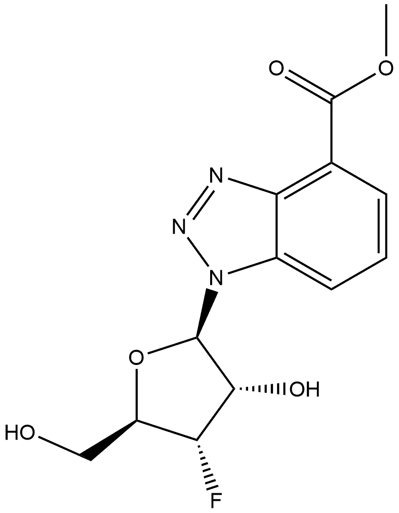 methyl 1-((2R,3S,4S,5R)-4-fluoro-3-hydroxy-5-(hydroxymethyl)tetrahydrofuran-2-yl)-1H-benzo[d][1,2,3]triazole-4-carboxylate Struktur