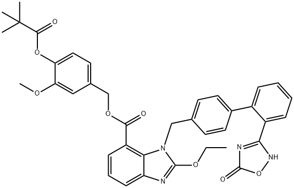 1H-Benzimidazole-7-carboxylic acid, 1-[[2'-(2,5-dihydro-5-oxo-1,2,4-oxadiazol-3-yl)[1,1'-biphenyl]-4-yl]methyl]-2-ethoxy-, [4-(2,2-dimethyl-1-oxopropoxy)-3-methoxyphenyl]methyl ester Structure