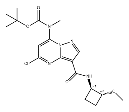 Carbamic acid, N-[5-chloro-3-[[[(1R,2R)-2-methoxycyclobutyl]amino]carbonyl]pyrazolo[1,5-a]pyrimidin-7-yl]-N-methyl-, 1,1-dimethylethyl ester, rel- Structure