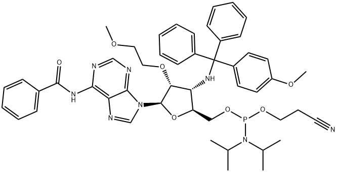 Adenosine, N-?benzoyl-?3'-?deoxy-?2'-?O-?(2-?methoxyethyl)?-?3'-?[[(4-?methoxyphenyl)?diphenylmethyl]?amino]?-?, 5'-?[2-?cyanoethyl N,?N-?bis(1-?methylethyl)?phosphoramidite] Struktur