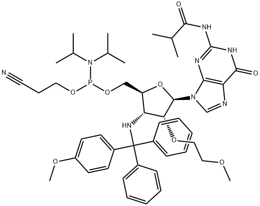 Guanosine, 3'-?deoxy-?2'-?O-?(2-?methoxyethyl)?-?3'-?[[(4-?methoxyphenyl)?diphenylmethyl]?amino]?-?N-?(2-?methyl-?1-?oxopropyl)?-?, 5'-?[2-?cyanoethyl N,?N-?bis(1-?methylethyl)?phosphoramidite] Struktur
