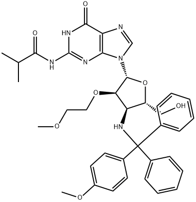 Guanosine, 3'-?deoxy-?2'-?O-?(2-?methoxyethyl)?-?3'-?[[(4-?methoxyphenyl)?diphenylmethyl]?amino]?-?N-?(2-?methyl-?1-?oxopropyl)?- Struktur