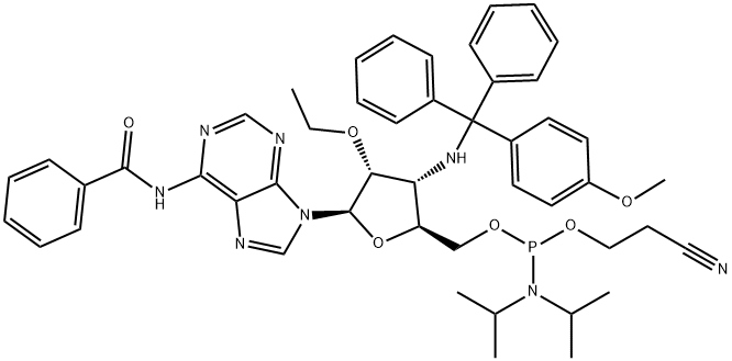 Adenosine, N-?benzoyl-?3'-?deoxy-?2'-?O-?ethyl-?3'-?[[(4-?methoxyphenyl)?diphenylmethyl]?amino]?-?, 5'-?[2-?cyanoethyl N,?N-?bis(1-?methylethyl)?phosphoramidite] Structure