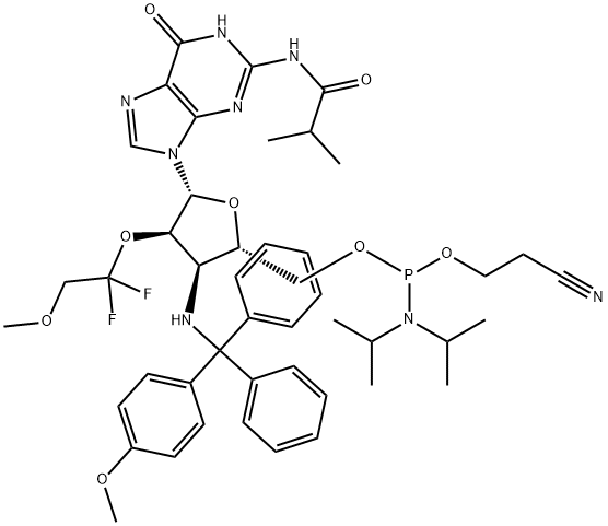 Guanosine, 3'-?deoxy-?2'-?O-?(1,?1-?difluoro-?2-?methoxyethyl)?-?3'-?[[(4-?methoxyphenyl)?diphenylmethyl]?amino]?-?N-?(2-?methyl-?1-?oxopropyl)?-?, 5'-?[2-?cyanoethyl N,?N-?bis(1-?methylethyl)?phosphoramidite] Structure