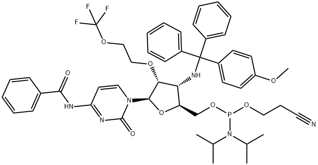Cytidine, N-?benzoyl-?3'-?deoxy-?3'-?[[(4-?methoxyphenyl)?diphenylmethyl]?amino]?-?2'-?O-?[2-?(trifluoromethoxy)?ethyl]?-?, 5'-?[2-?cyanoethyl N,?N-?bis(1-?methylethyl)?phosphoramidite] Struktur