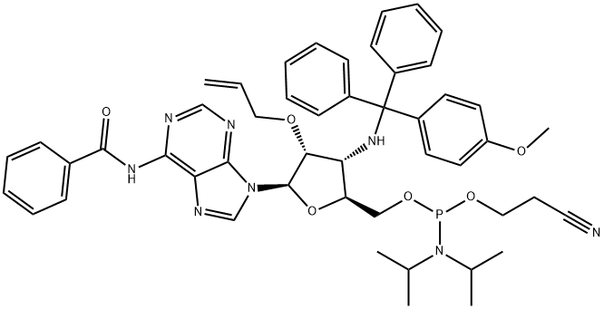 Adenosine, N-?benzoyl-?3'-?deoxy-?3'-?[[(4-?methoxyphenyl)?diphenylmethyl]?amino]?-?2'-?O-?2-?propen-?1-?yl-?, 5'-?[2-?cyanoethyl N,?N-?bis(1-?methylethyl)?phosphoramidite] 化学構造式