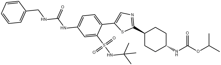 Carbamic acid, N-[trans-4-[5-[2-[[(1,1-dimethylethyl)amino]sulfonyl]-4-[[[(phenylmethyl)amino]carbonyl]amino]phenyl]-2-thiazolyl]cyclohexyl]-, 1-methylethyl ester Structure