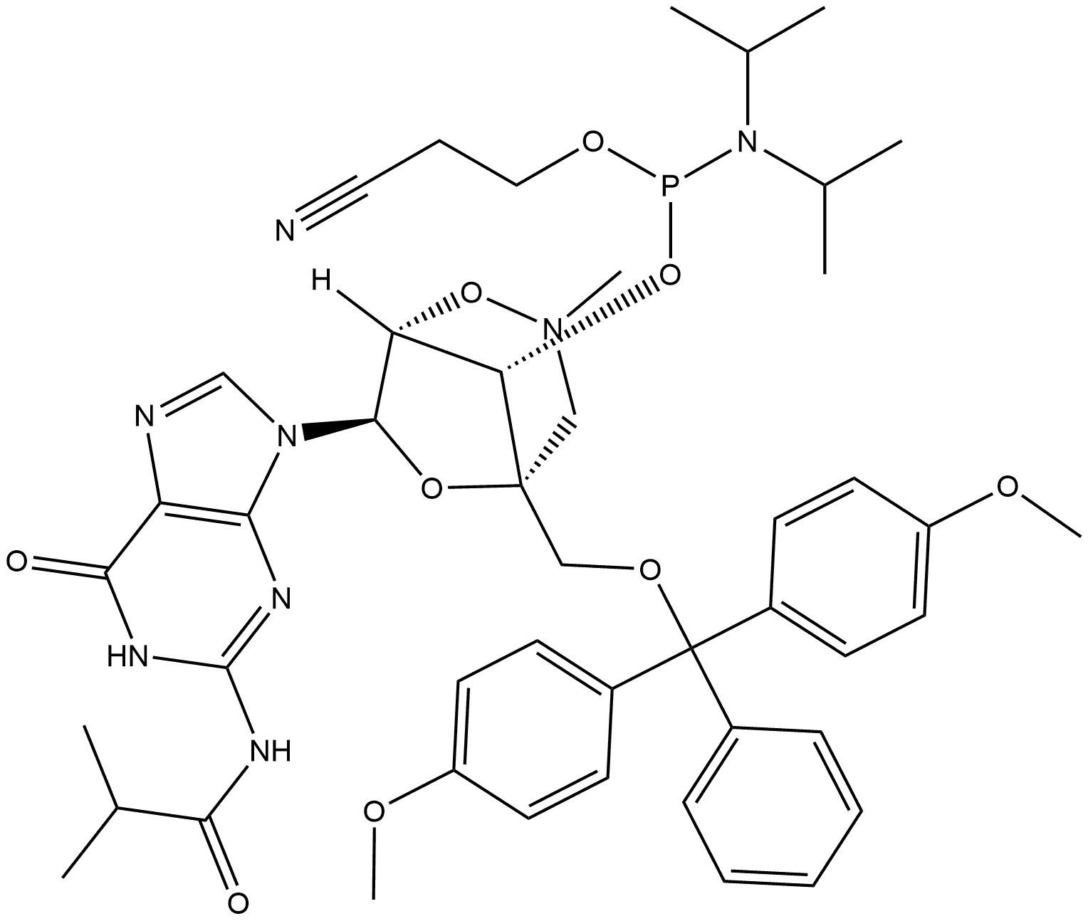 Phosphoramidous acid, N,N-bis(1-methylethyl)-, (1R,5R,7R,8S)-5-[[bis(4-methoxyphenyl)phenylmethoxy]methyl]-7-[1,6-dihydro-2-[(2-methyl-1-oxopropyl)amino]-6-oxo-9H-purin-9-yl]-3-methyl-2,6-dioxa-3-azabicyclo[3.2.1]oct-8-yl 2-cyanoethyl ester Structure