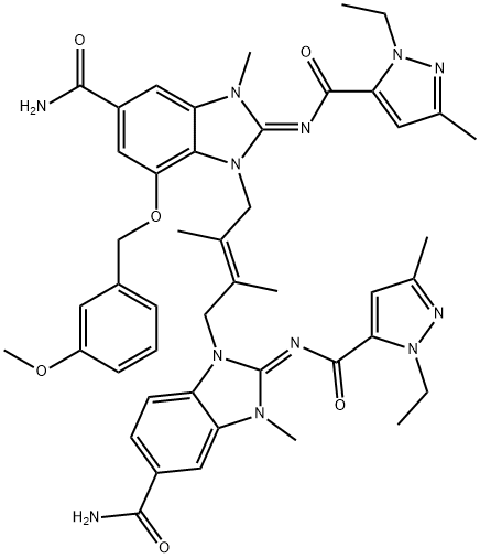 1H-Benzimidazole-5-carboxamide, 1-[(2E)-4-[(2E)-5-(aminocarbonyl)-2-[[(1-ethyl-3-methyl-1H-pyrazol-5-yl)carbonyl]imino]-2,3-dihydro-3-methyl-1H-benzimidazol-1-yl]-2,3-dimethyl-2-buten-1-yl]-2-[[(1-ethyl-3-methyl-1H-pyrazol-5-yl)carbonyl]imino]-2,3-dihydro-7-[(3-methoxyphenyl)methoxy]-3-methyl-, (2E)-,2305940-34-3,结构式