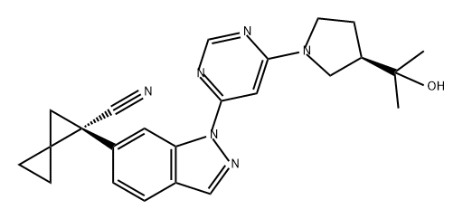 Spiro[2.2]pentane-1-carbonitrile, 1-[1-[6-[(3R)-3-(1-hydroxy-1-methylethyl)-1-pyrrolidinyl]-4-pyrimidinyl]-1H-indazol-6-yl]-, (1S)- Structure