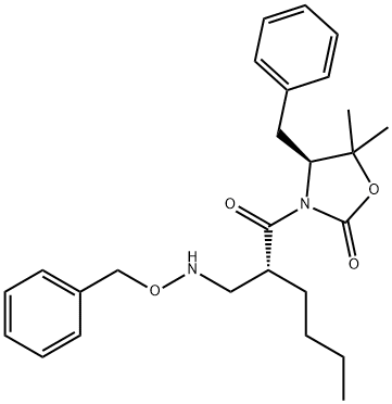 2-Oxazolidinone, 5,5-dimethyl-3-[(2R)-1-oxo-2-[[(phenylmethoxy)amino]methyl]hexyl]-4-(phenylmethyl)-, (4S)- Structure