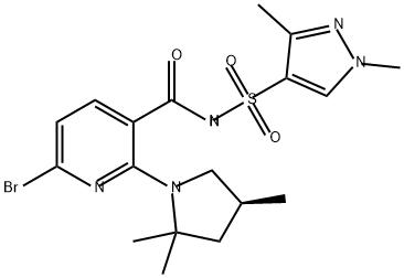 3-Pyridinecarboxamide, 6-bromo-N-[(1,3-dimethyl-1H-pyrazol-4-yl)sulfonyl]-2-[(4S)-2,2,4-trimethyl-1-pyrrolidinyl]- Struktur