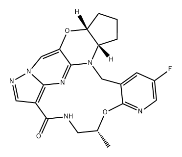 17,19-Metheno-1H,5H-cyclopent[5,6][1,4]oxazino[3,4-i]pyrazolo[4,3-f]pyrido[3,2-l][1,4,8,10]oxatriazacyclotridecin-14(11H)-one, 7-fluoro-2,3,3a,12,13,20a-hexahydro-11-methyl-, (3aS,11R,20aR)- Structure