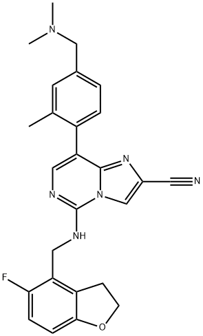 Imidazo[1,2-c]pyrimidine-2-carbonitrile, 8-[4-[(dimethylamino)methyl]-2-methylphenyl]-5-[[(5-fluoro-2,3-dihydro-4-benzofuranyl)methyl]amino]-,2369769-29-7,结构式