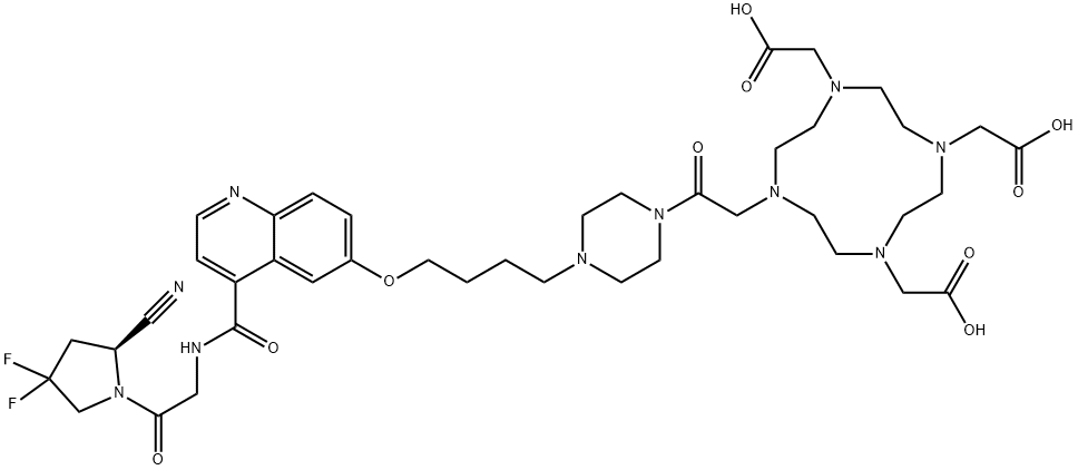 10-[2-[4-[4-[[4-[[[2-[(2S)-2-Cyano-4,4-difluoro-1-pyrrolidinyl]-2-oxoethyl]amino]carbonyl]-6-quinolinyl]oxy]butyl]-1-piperazinyl]-2-oxoethyl]-1,4,7,10-tetraazacyclododecane-1,4,7-triacetic acid Structure