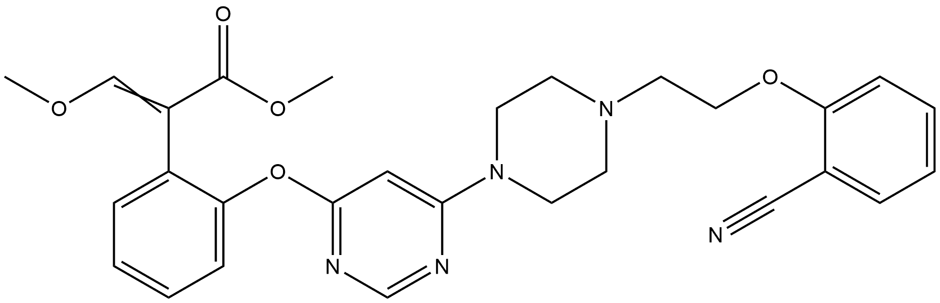 Benzeneacetic acid, 2-[[6-[4-[2-(2-cyanophenoxy)ethyl]-1-piperazinyl]-4-pyrimidinyl]oxy]-α-(methoxymethylene)-, methyl ester Struktur