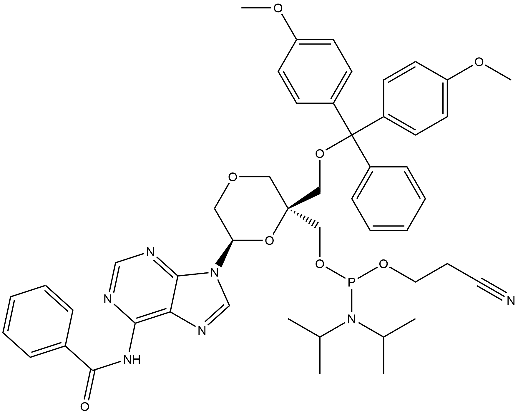 [(2S,6R)-6-[6-(Benzoylamino)-9H-purin-9-yl]-2-[[bis(4-methoxyphenyl)phenylmethoxy]methyl]-1,4-dioxan-2-yl]methyl 2-cyanoethyl N,N-bis(1-methylethyl)phosphoramidite Struktur