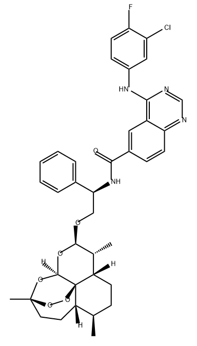 6-Quinazolinecarboxamide, 4-[(3-chloro-4-fluorophenyl)amino]-N-[(1R)-2-[[(3R,5aS,6R,8aS,9R,10R,12R,12aR)-decahydro-3,6,9-trimethyl-3,12-epoxy-12H-pyrano[4,3-j]-1,2-benzodioxepin-10-yl]oxy]-1-phenylethyl]-,2377514-17-3,结构式