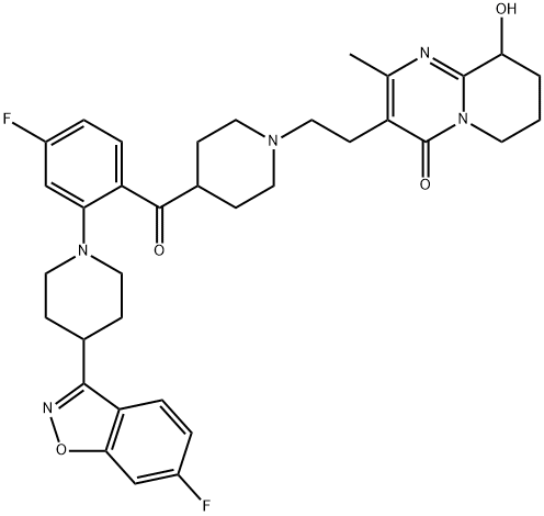 4H-Pyrido[1,2-a]pyrimidin-4-one, 3-[2-[4-[4-fluoro-2-[4-(6-fluoro-1,2-benzisoxazol-3-yl)-1-piperidinyl]benzoyl]-1-piperidinyl]ethyl]-6,7,8,9-tetrahydro-9-hydroxy-2-methyl- Structure