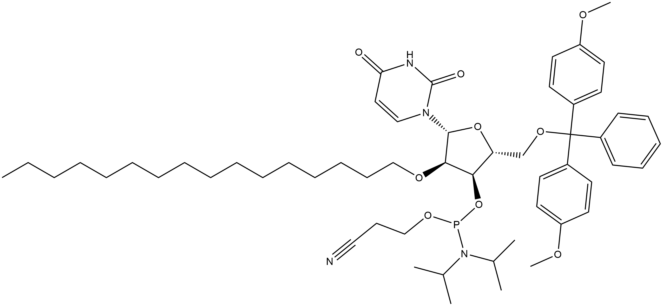 Uridine, 5'-O-[bis(4-methoxyphenyl)phenylmethyl]-2'-O-hexadecyl-, 3'-[2-cyanoethyl N,N-bis(1-methylethyl)phosphoramidite] Structure