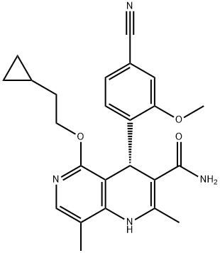 1,6-Naphthyridine-3-carboxamide, 4-(4-cyano-2-methoxyphenyl)-5-(2-cyclopropylethoxy)-1,4-dihydro-2,8-dimethyl-, (4S)- Structure