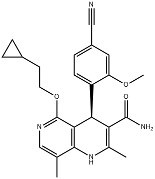 1,6-Naphthyridine-3-carboxamide, 4-(4-cyano-2-methoxyphenyl)-5-(2-cyclopropylethoxy)-1,4-dihydro-2,8-dimethyl-, (4R)- Structure