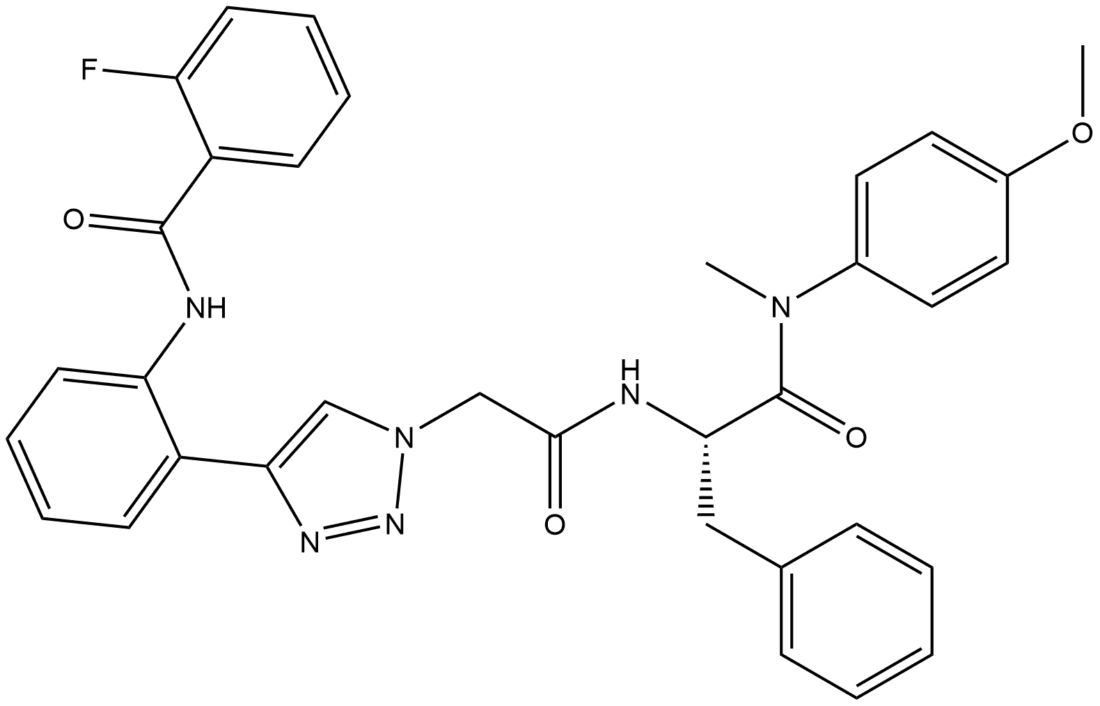 4-[2-[(2-Fluorobenzoyl)amino]phenyl]-N-[(1S)-2-[(4-methoxyphenyl)methylamino]-2-oxo-1-(phenylmethyl)ethyl]-1H-1,2,3-triazole-1-acetamide Struktur