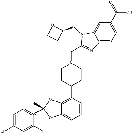 1H-Benzimidazole-6-carboxylic acid, 2-[[4-[(2S)-2-(4-chloro-2-fluorophenyl)-2-methyl-1,3-benzodioxol-4-yl]-1-piperidinyl]methyl]-1-[(2S)-2-oxetanylmethyl]- Structure