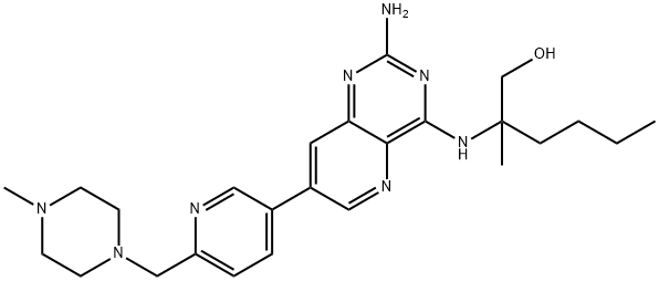 1-Hexanol, 2-[[2-amino-7-[6-[(4-methyl-1-piperazinyl)methyl]-3-pyridinyl]pyrido[3,2-d]pyrimidin-4-yl]amino]-2-methyl- Struktur
